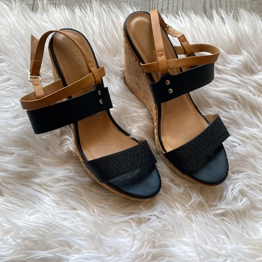 Coconuts by Matisse Black Cork Wedge Platform Sandals Size 10